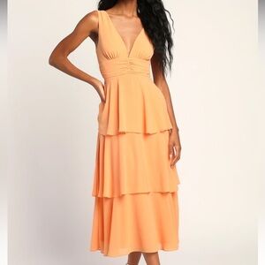 Orange Tiered Plunging Midi Dress